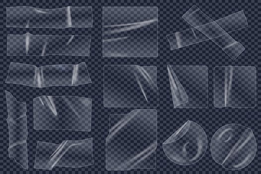 Transparent adhesive plastic tapes mega set elements in flat graphic design. Collection objects of different shape crumpled glue stickers, overlay wrinkled sellotape texture. illustration. vector