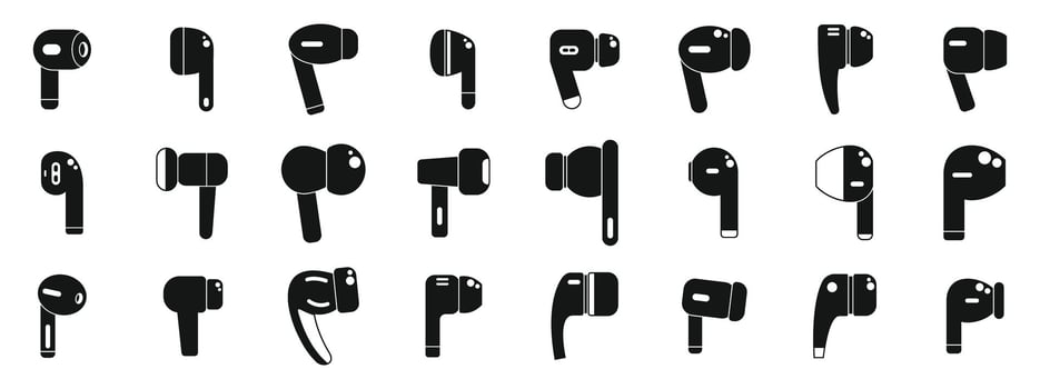 Wireless earphones icons set. Wireless earbuds icons showing different styles and designs for listening to music vector