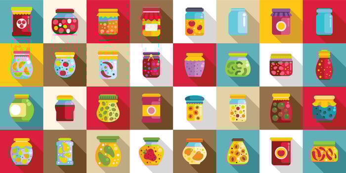 Pickled food jars icons set. Jars of preserved food representing different fruits and vegetables vector