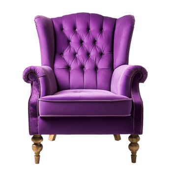 Purple chair with wooden legs and a purple upholstered seat png