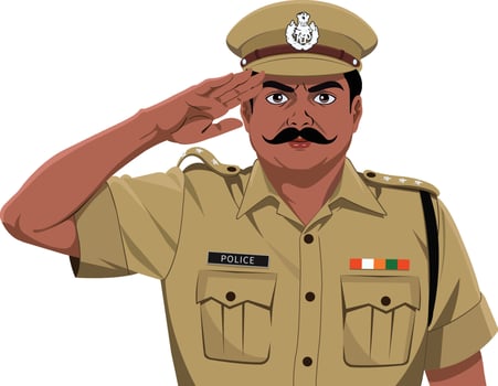 Indian police officer salute in uniform front view vector