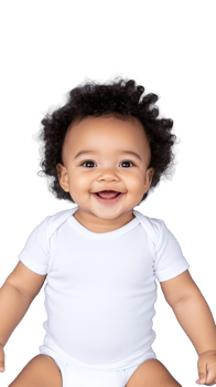 Smiling curly-haired baby wearing white t-shirt on transparent background, looking at camera png