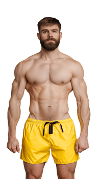 Muscular bearded man wearing yellow shorts posing on transparent background png