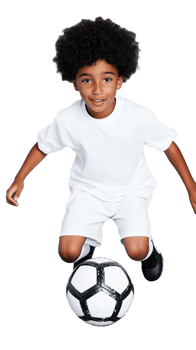Young boy in white sportswear playing soccer with ball on transparent background, running forward png