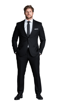Confident man in black suit standing with hands in pockets on transparent background png