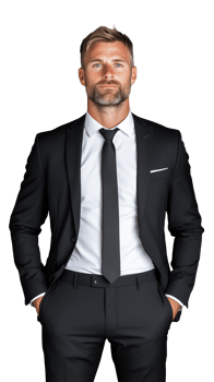 Businessman in black suit with open jacket, hands in pockets on transparent background png