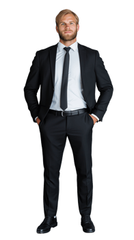 Businessman in black suit standing with hands on hips on transparent background png