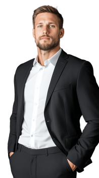 Confident businessman posing in black suit with one hand in pocket on transparent background png