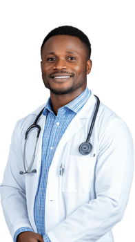 Confident male doctor with stethoscope, smiling in medical uniform on transparent background png