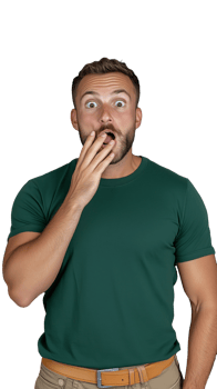 Man in green shirt with surprised expression, covering mouth on transparent background png
