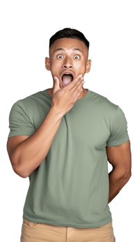 Young man in green shirt covering mouth in shock on transparent background png
