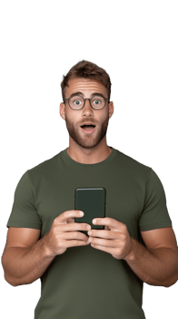 Surprised young man in green shirt holding smartphone on transparent background png