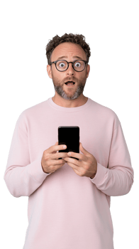 Man in pink sweater with shocked expression holding smartphone on transparent background png