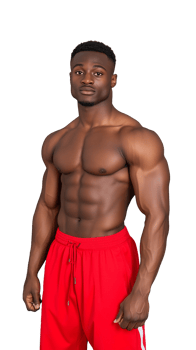 Muscular man in red shorts posing confidently on transparent background png