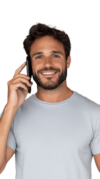 Smiling man talking on phone, casual outfit on transparent background png