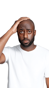 Concerned man in white shirt scratching head in confusion on transparent background png