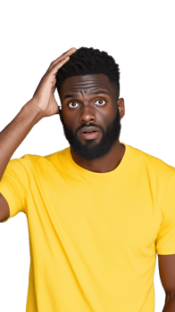 Confused man in yellow shirt scratching head, thinking on transparent background png