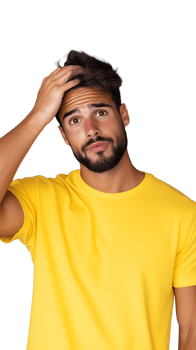 Man in yellow shirt scratching head and looking confused on transparent background png