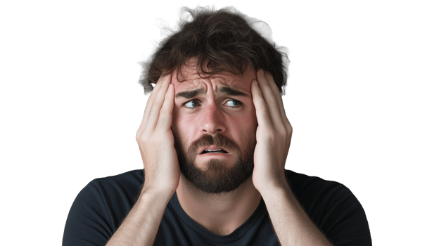 Worried man holding head with both hands and looking stressed on transparent background png