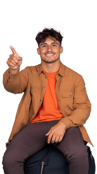 Smiling young man pointing finger forward, wearing orange jacket on transparent background png