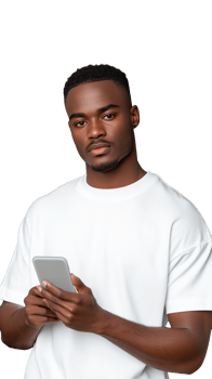 Serious young man holding smartphone and looking focused on transparent background png