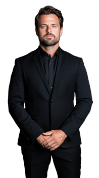 Man in black suit standing confidently with hands clasped on transparent background png