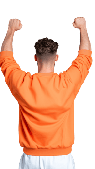 Man in orange sweatshirt raising arms in victory from back on transparent background png