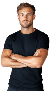 Serious young man in black t-shirt crossing arms on transparent background png