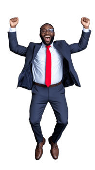 Excited businessman jumping in air with fists raised, celebrating on transparent background png