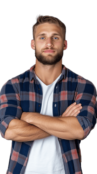 Serious young man in plaid shirt crossing arms on transparent background png