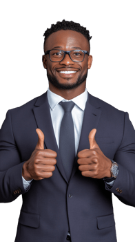 Smiling man in suit giving thumbs up with both hands on transparent background png