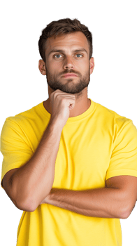 Thoughtful man in yellow t-shirt resting chin on hand on transparent background png