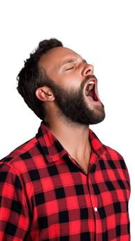 Man yawning in red checkered shirt with mouth wide open on transparent background png