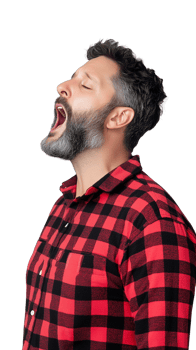 Bearded man in red checkered shirt yawning with mouth wide open on transparent background png