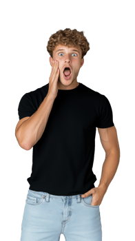 Surprised young man in black t-shirt covering mouth in shock on transparent background png