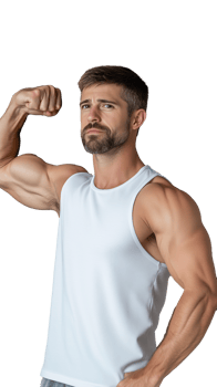Muscular man flexing bicep in white tank top on transparent background png
