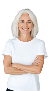 Smiling elderly woman with crossed arms wearing white t-shirt on transparent background png