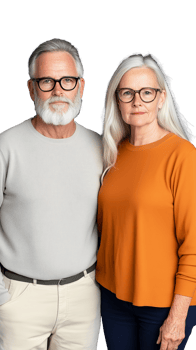 Smiling elderly couple standing together, both wearing glasses on transparent background png