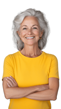 Happy elderly woman in yellow shirt crossing arms and smiling on transparent background png