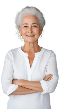 Confident elderly woman with crossed arms wearing white blouse on transparent background png