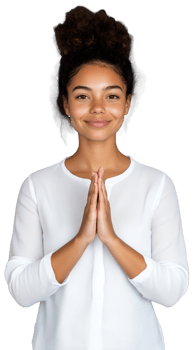 Smiling young woman with hands in prayer pose on transparent background png