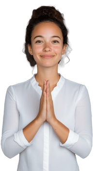 Young woman in prayer pose, smiling calmly on transparent background png