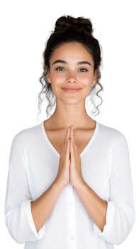 Smiling young woman in white blouse doing prayer gesture on transparent background png