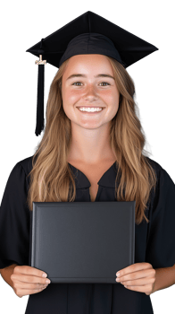 Smiling graduate in cap and gown holding diploma on transparent background png
