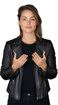 Confident woman in black leather jacket making gesture on transparent background png