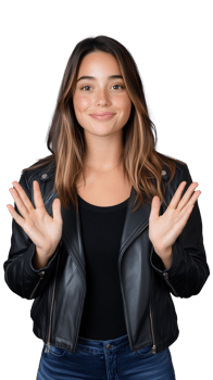 Smiling young woman in black leather jacket with palms raised on transparent background png