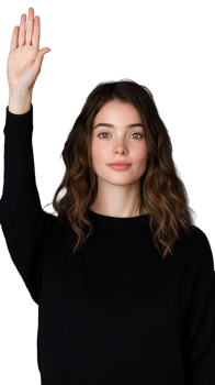 Serious young woman in black sweater raising hand on transparent background png