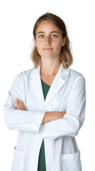 Confident female doctor in white coat with arms crossed on transparent background png