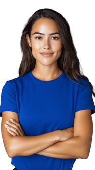 Confident young woman in blue shirt crossing arms on transparent background png