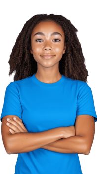 Smiling young woman in blue shirt crossing arms on transparent background png